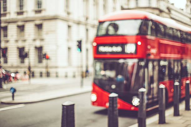 istock Blured duble decker bus in London 590050290