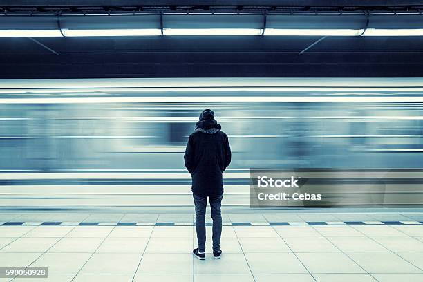 Man At Subway Station Stock Photo - Download Image Now - Train - Vehicle, Men, Subway