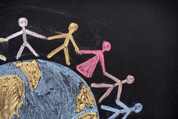 Group of people around the world. Chalk drawing.