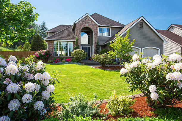 istock Luxury house exterior with brick and siding trim 590051438
