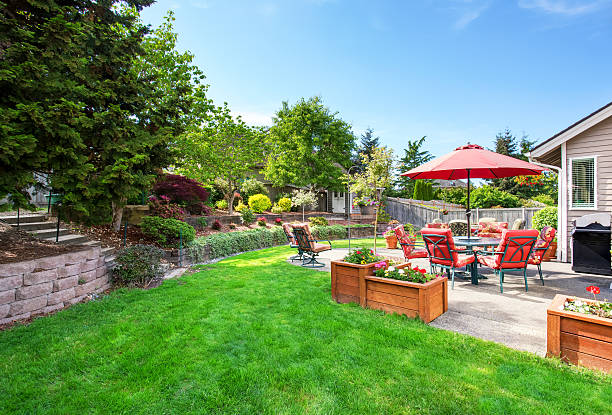 istock Well kept garden at backyard with concrete floor patio area 590052624