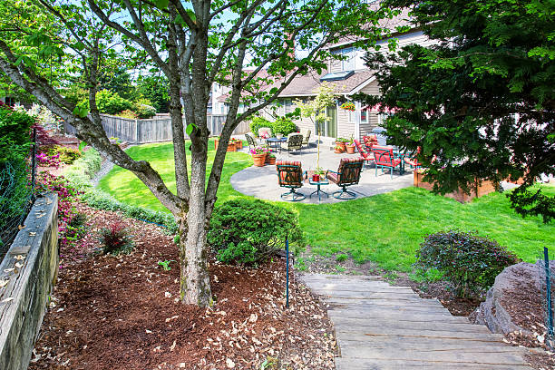 istock Well kept garden at backyard with concrete floor patio area 590052826