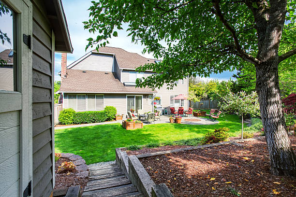 istock Well kept garden at backyard with concrete floor patio area 590053032