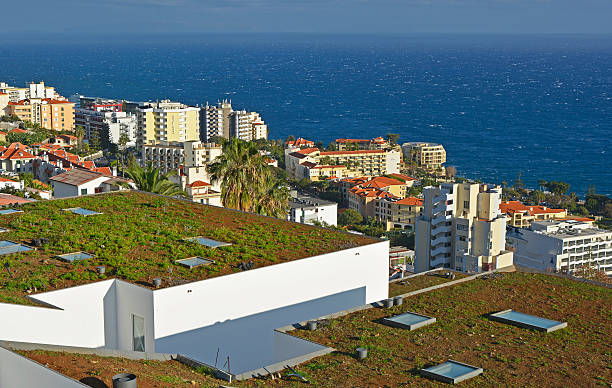 Funchal, Portugal - January 31, 2016: View over the city of Funchal from the suburbs. Madeira, Portugal. With hotel area and environmental roof in foreground.