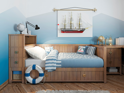 Baby bed for a young teenager in a ship style with a lifeline and nautical dÃ©cor. Modern interior of a child's room in a nautical theme. 3D render.