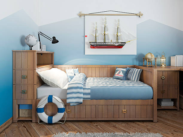 Baby bed for a young teenager in a ship Baby bed for a young teenager in a ship style with a lifeline and nautical décor. Modern interior of a child's room in a nautical theme. 3D render. bed decoration stock pictures, royalty-free photos & images