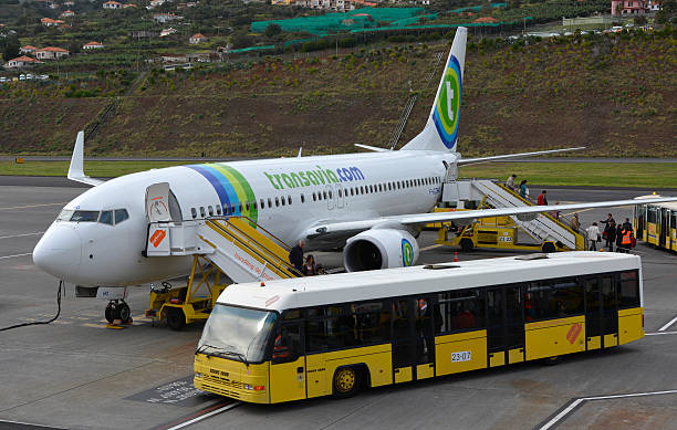 Transavia aircraft at Madeira airport Funchal, Portugal - February 1, 2016: A Transavia aircraft unloading passengers at Madeira airport, Portugal coach bus stock pictures, royalty-free photos & images