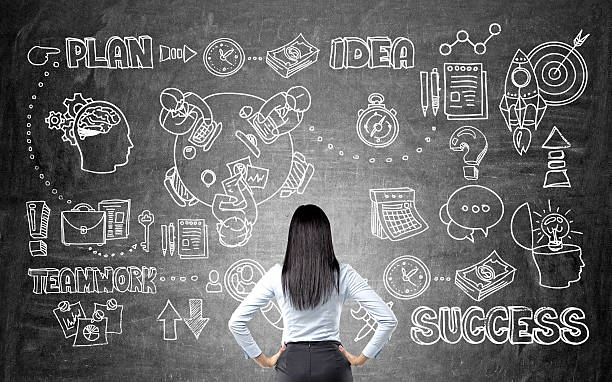 istock Businesswoman looking at success sketch 590058272
