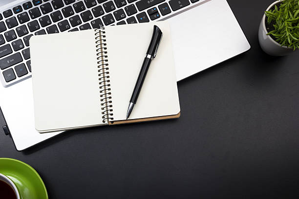 istock Office desk table with supplies. Top view. Copy space for 590058812