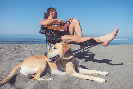 A man sitting in the camp chair on the beach.He is playing a guitar while his dog sits next to him