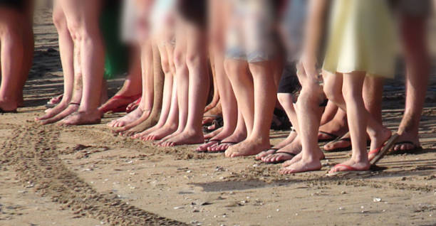 люди ноги, стоящие на песке - flip flop human foot sand women стоковые фото и изображения