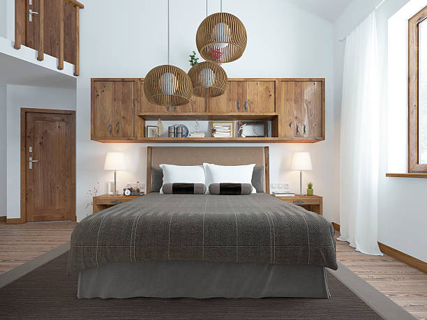 istock Frontal view of the bed in the bedroom 590061734