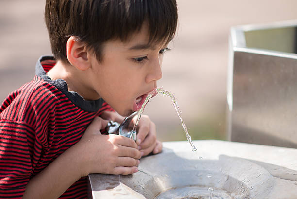 istock Little boy drinking public water in the park 590062466