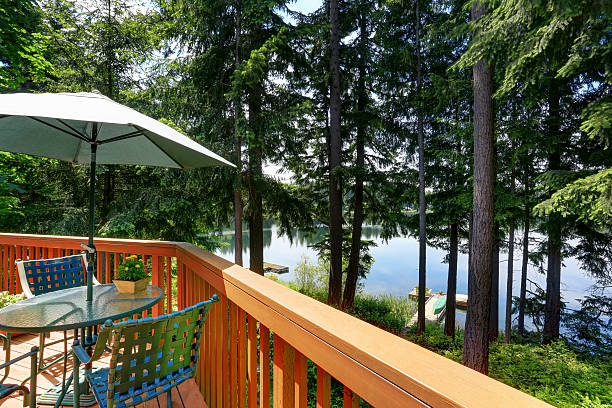 istock Waterfront lake with small pier. View from balcony. 590063408