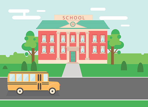 Time to go back school vector illustration background. Bus,  and school facade composition. Flat style design report card stock illustrations