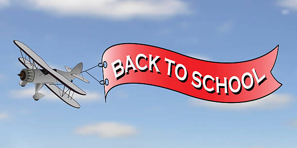 back to schoo Airplane flying in the sky with a ribbon and the text back to school, banner template design ,vector illustration back to schoo stock illustrations