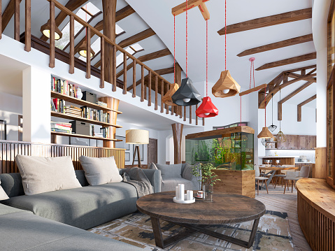 Interior living room, loft style. Maisonette a modern living room with a billiard room in the big house. Aquarium and stylized shelving for books. 3D render