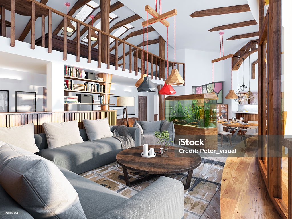 Large living room studio with a kitchenette Large living room studio with a kitchenette and a balcony in an organic style. Organic Architecture in interior design. 3D render. Ceiling Stock Photo