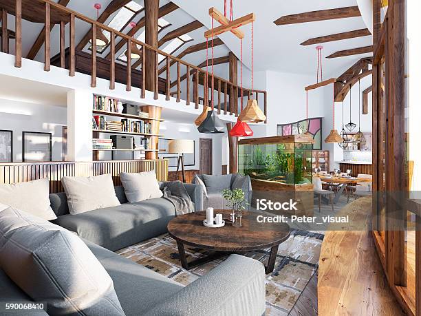 Large Living Room Studio With A Kitchenette Stock Photo - Download Image Now - Ceiling, Tall - High, Apartment