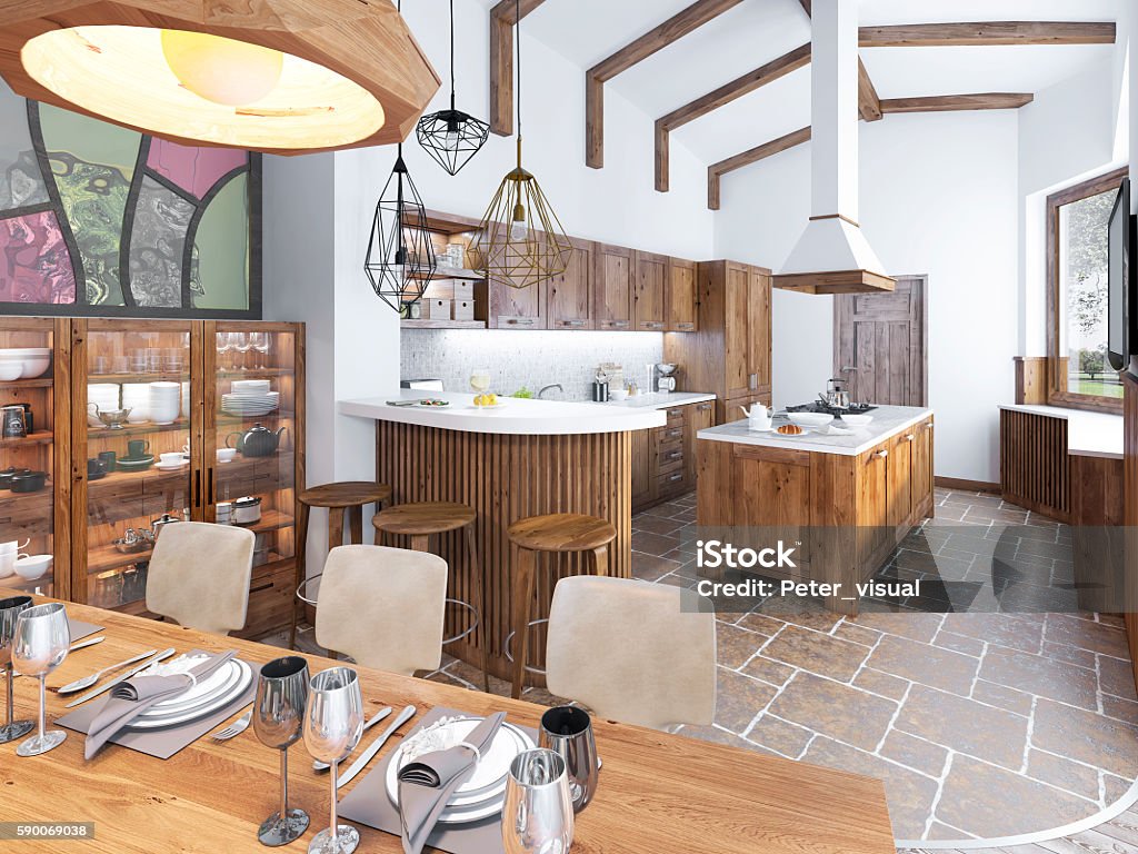 Modern kitchen and dining room in the loft. Modern kitchen and dining room in the loft. Kitchen furniture made of solid wood. High ceilings with exposed beams. Ceramic tiles on the floor. Beautifully Serving Table. 3D render. Accessibility Stock Photo