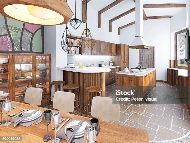 Modern Kitchen And Dining Room In The Loft Stock Photo - Download Image Now - Accessibility, Apartment, Architecture