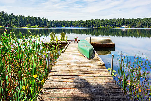 istock Waterfront lake with small pier. Perfect water view 590072642