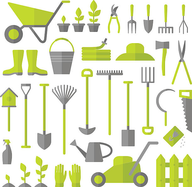 gärtnern-tools. - gardening equipment trowel gardening fork isolated stock-grafiken, -clipart, -cartoons und -symbole
