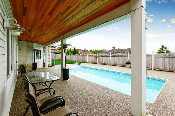 istock Luxurious northwest home with large pool and covered seating area. 590075908