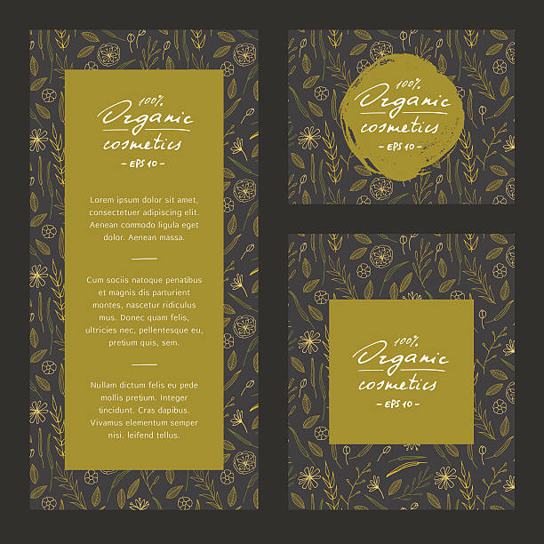 Cosmetics tempate. Vector hand drawn organic cosmetics template, banner, flyer, concept, branding design. Includes floral seamless pattern. corporate identity packages stock illustrations