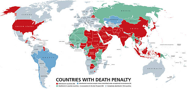 Death penalty countries world map Death penalty countries world map. Retentionist states with capital punishment in red color. Abolitionist countries and nations where it is completely abolished in different colors. English labeling world map china saudi arabia stock illustrations