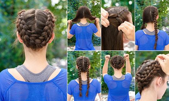 Hair tutorial. Hairstyle braids tutorial. Backstage technique of weaving plaits. Hairstyle. Tutorial. Braided updo tutorial. Hairstyle for sports