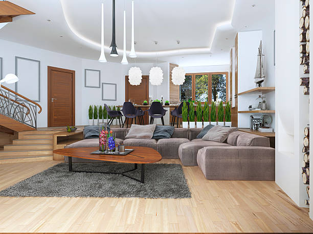 istock Living room with a large corner sofa from a fabric 590078876