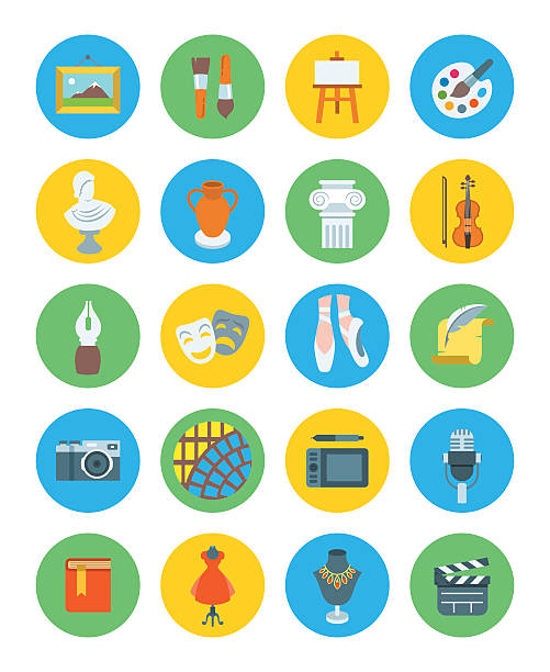 ilustrações de stock, clip art, desenhos animados e ícones de art and crafts flat vector round icons set - culture and entertainment