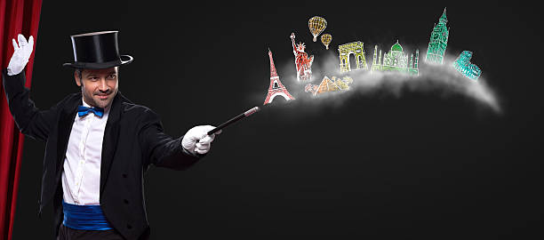 istock Magician using wand to traveling around world 590080234