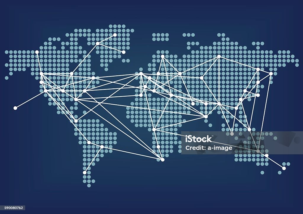 Global network connectivity represented by dark blue world map Blue stock vector