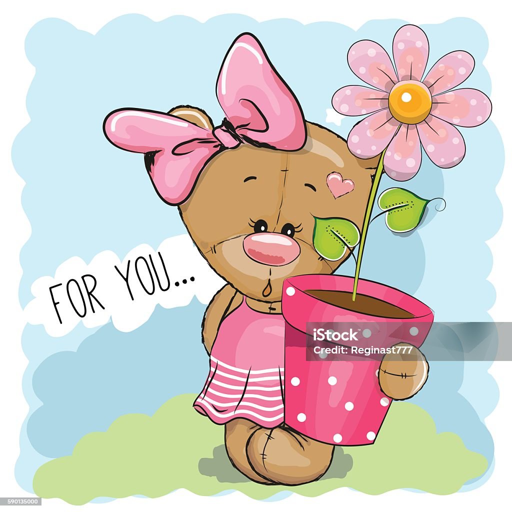 Cartoon Teddy Bear Girl Greeting card Cute Cartoon Teddy Bear Girl with a flower Animal stock vector