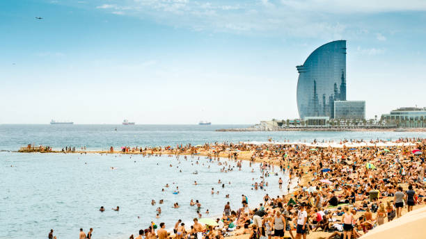 barcelona beach panorama - praia-barceloneta imagens e fotografias de stock