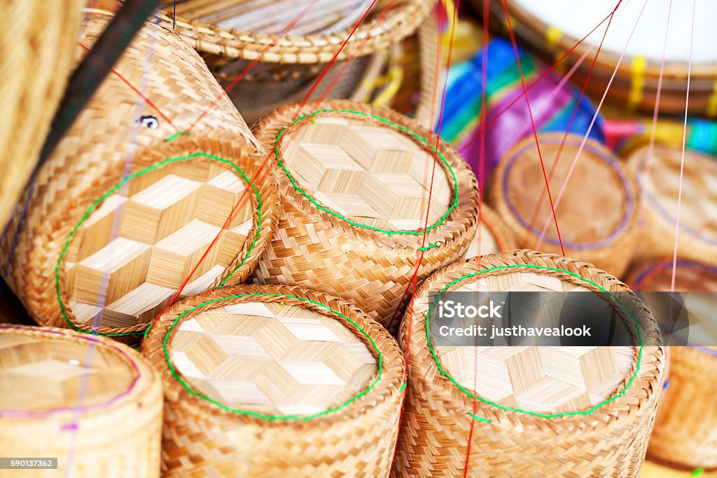 Bamboo baskets for sticky rice in Bangkok Bamboo baskets for sticky rice in different sizes in Bangkok Bamboo - Material Stock Photo