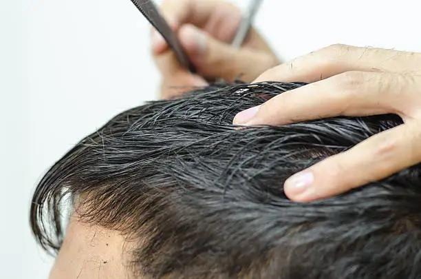 Photo of hairdresser cuts a customer piece of hair