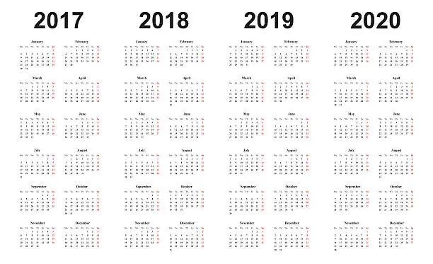 Vector illustration of calendar 2017, 2018, 2019, 2020, simple design, sundays marked red