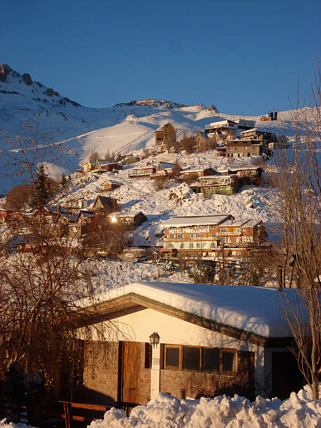 Farellones, Chile Sunset on the Snowy Andes Mountainside Sunset on the snow covered town of Farellones which accesses the Ski Resorts of El Colorado and La Parva in the Chilean Andes Mountains 2009 stock pictures, royalty-free photos & images