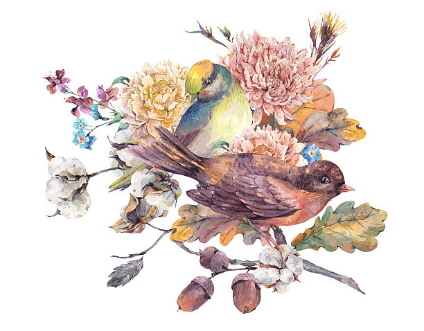 istock Vintage watercolor pair of birds with autumn bouquet 590142134
