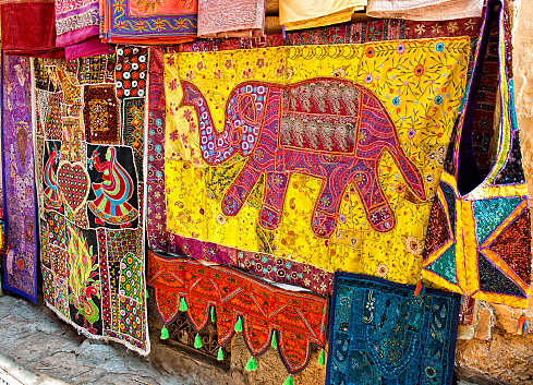 Jaisalmer, India - September 25, 2013:: Display of souvenirs at a city street shop in Jaisalmer, Rajasthan, India. Jaisalmer is a very popular tourist destination in Rajasthan.