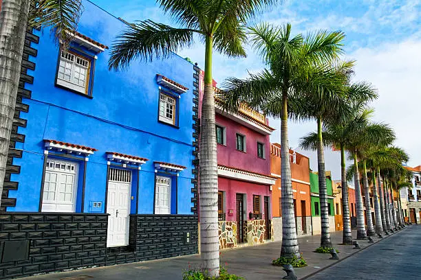 Tenerife. Colourful houses and palm trees on street in Puerto de la Cruz town, Tenerife, Canary Islands, Spain