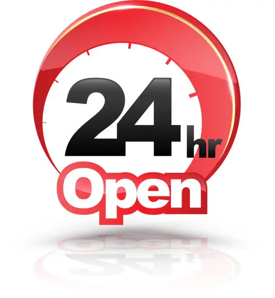 Vector illustration of 24 Hours Open circle graphic icon.