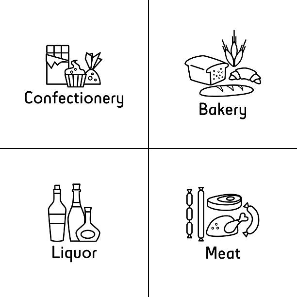 Food sections Linear icons isolated on white. Food sections: confectionery, bakery, liquor, meat.  convenience store stock illustrations