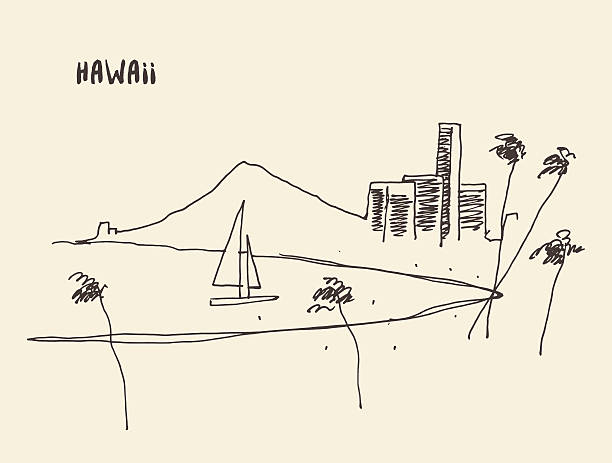 ilustrações, clipart, desenhos animados e ícones de esboço de vetor de vista havaiana à beira-mar desenhado. - illustration and painting beach engraved image engraving