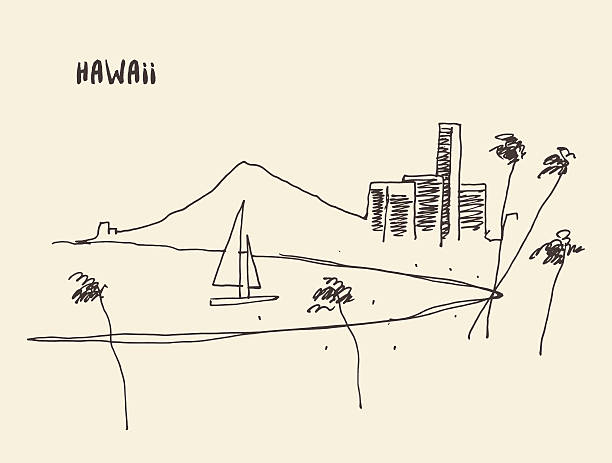 Sketch Hawaiian seaside view vector drawn. Sketch of a Hawaiian seaside view, vector illustration, hand drawn drawing of the hawaii islands stock illustrations