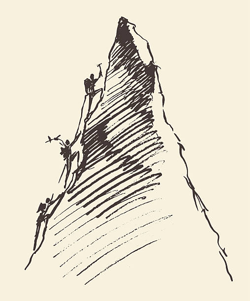 Sketch people climbing mountain peak vector. Sketch of a people climbing on a mountain peak, vector illustration man mountain climbing stock illustrations