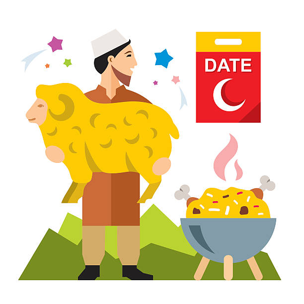 Vector Muslim holiday of Ramadan. Flat style colorful Cartoon illustration. Man willing to sacrifice a sheep and prepare pilaf in a cauldron. Isolated on a white background i love allah in arabic silhouettes stock illustrations